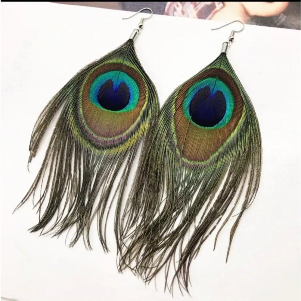 Boho Natural Delicate Peacock Festival Feather Dangle Drop Hook Earrings A0105 - Picture 11 of 15